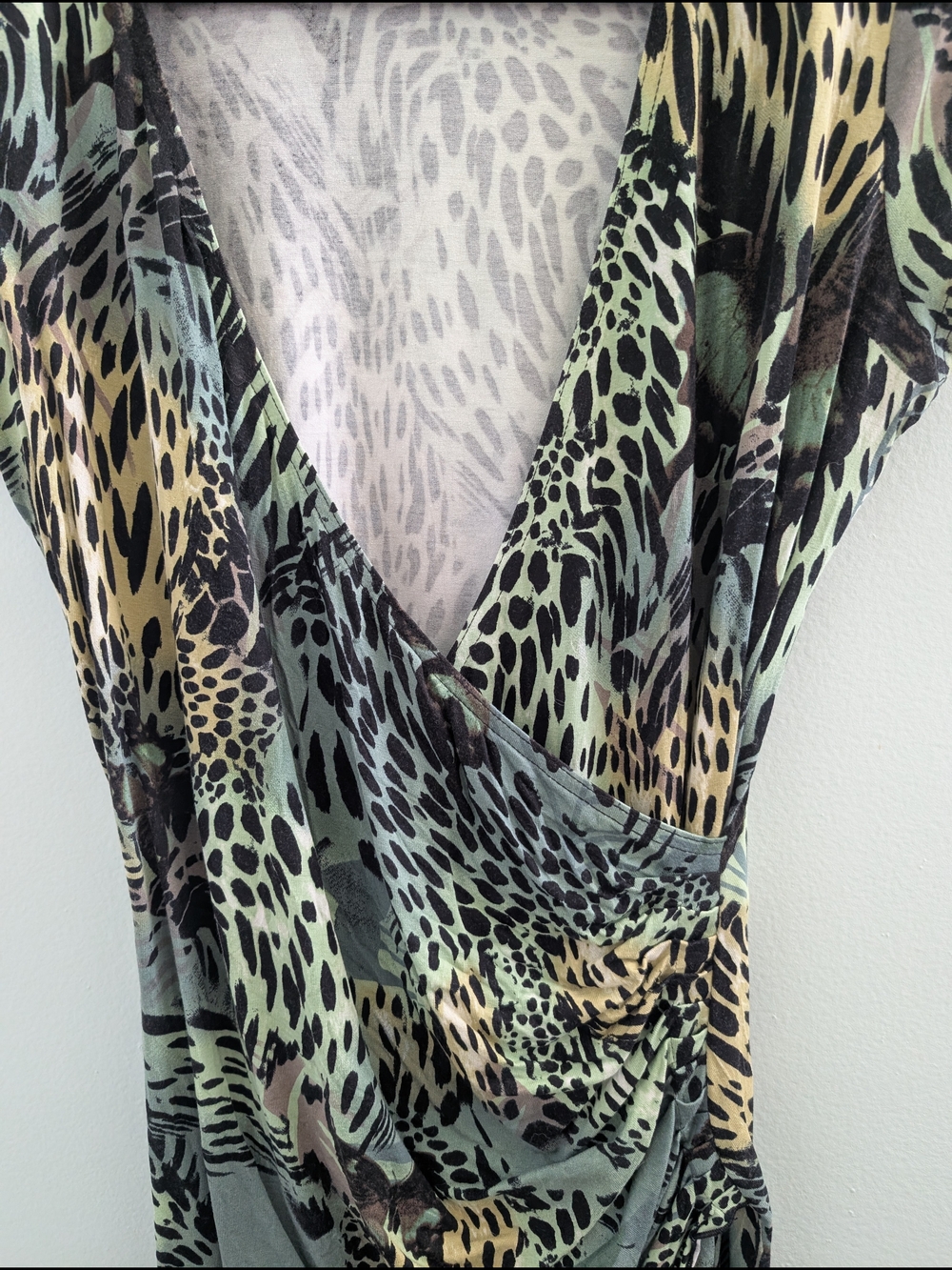Joseph Ribkoff Green, Black and Cream Animal-Print Midi Wrap Dress